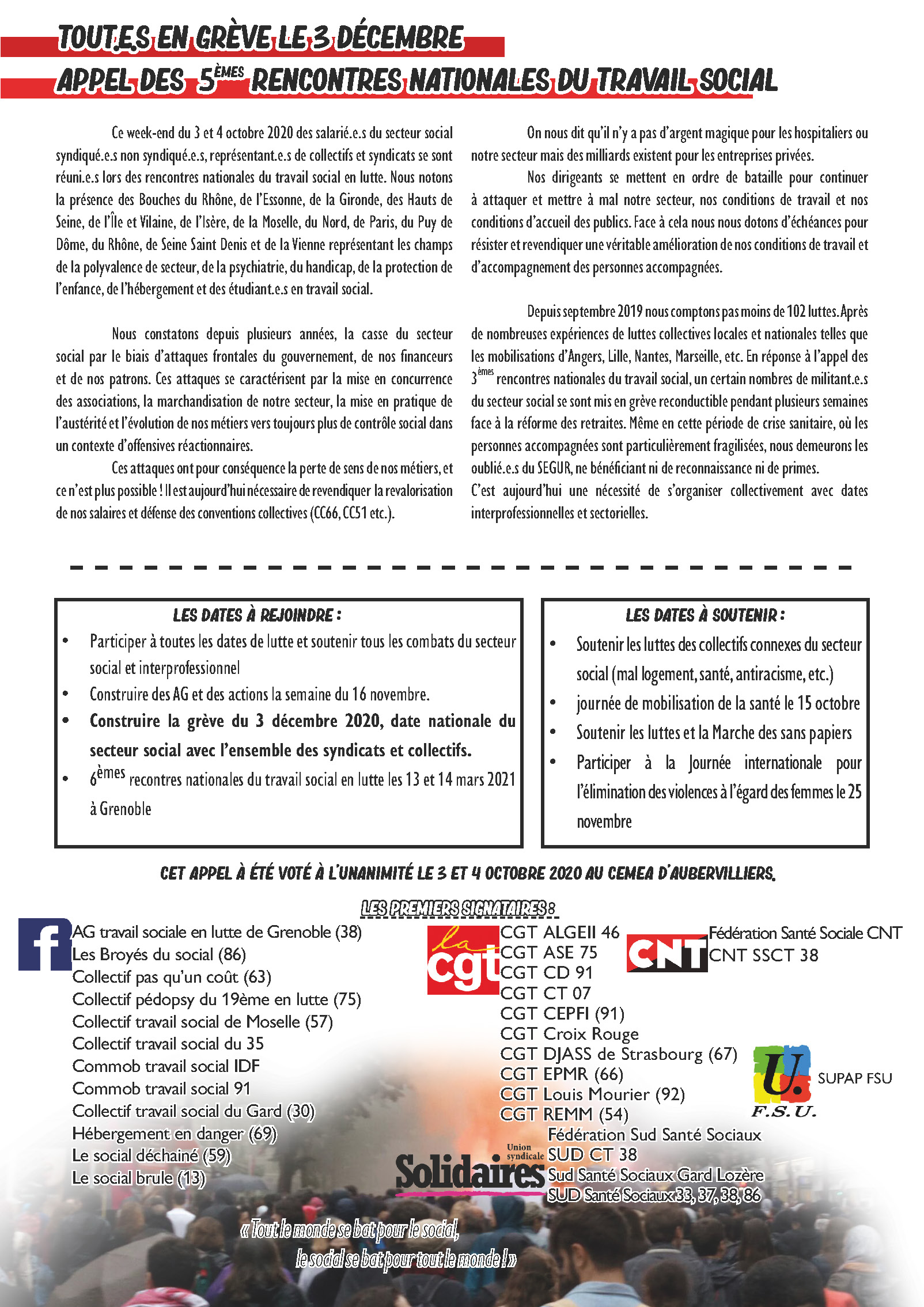 Appel des 5èmes rencontres nationales du travail social en lutte Appel des 5èmes rencontres nationales du travail social en lutte