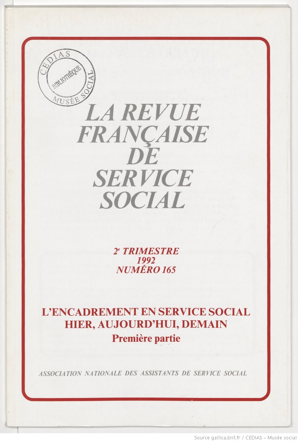 La Revue française de service social n° 165 - Juin 1992