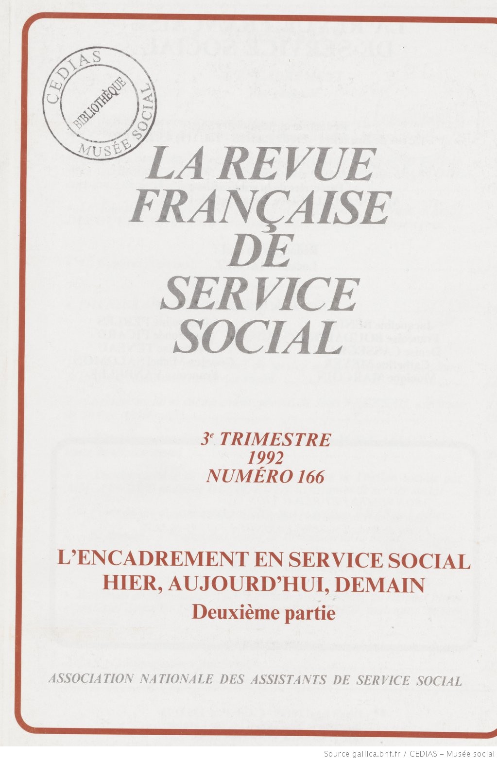 La Revue française de service social n° 166 - Septembre 1992