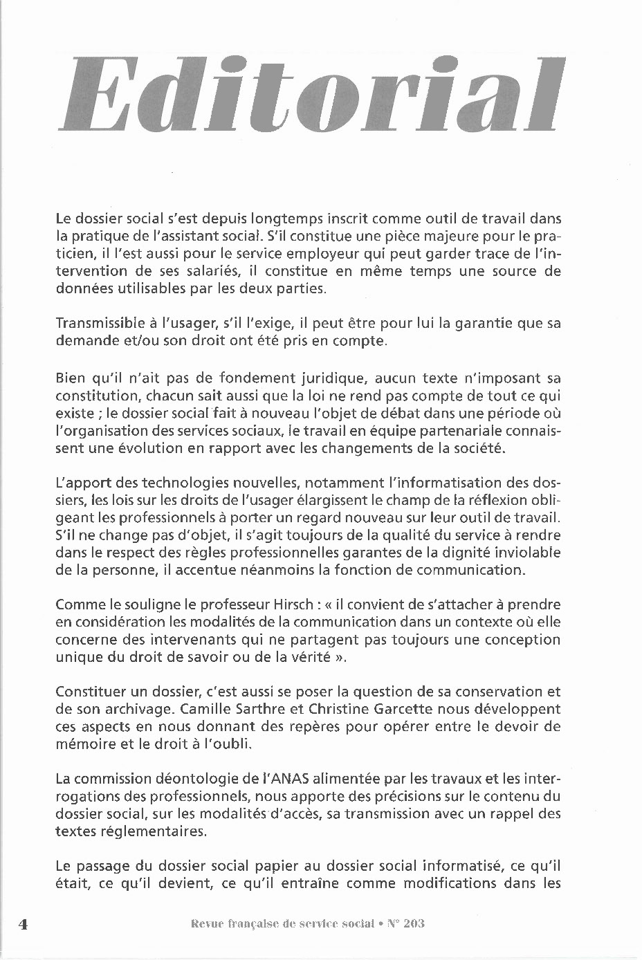 RFSS N°203 : "Le dossier social" RFSS N°203 : "Le dossier social"