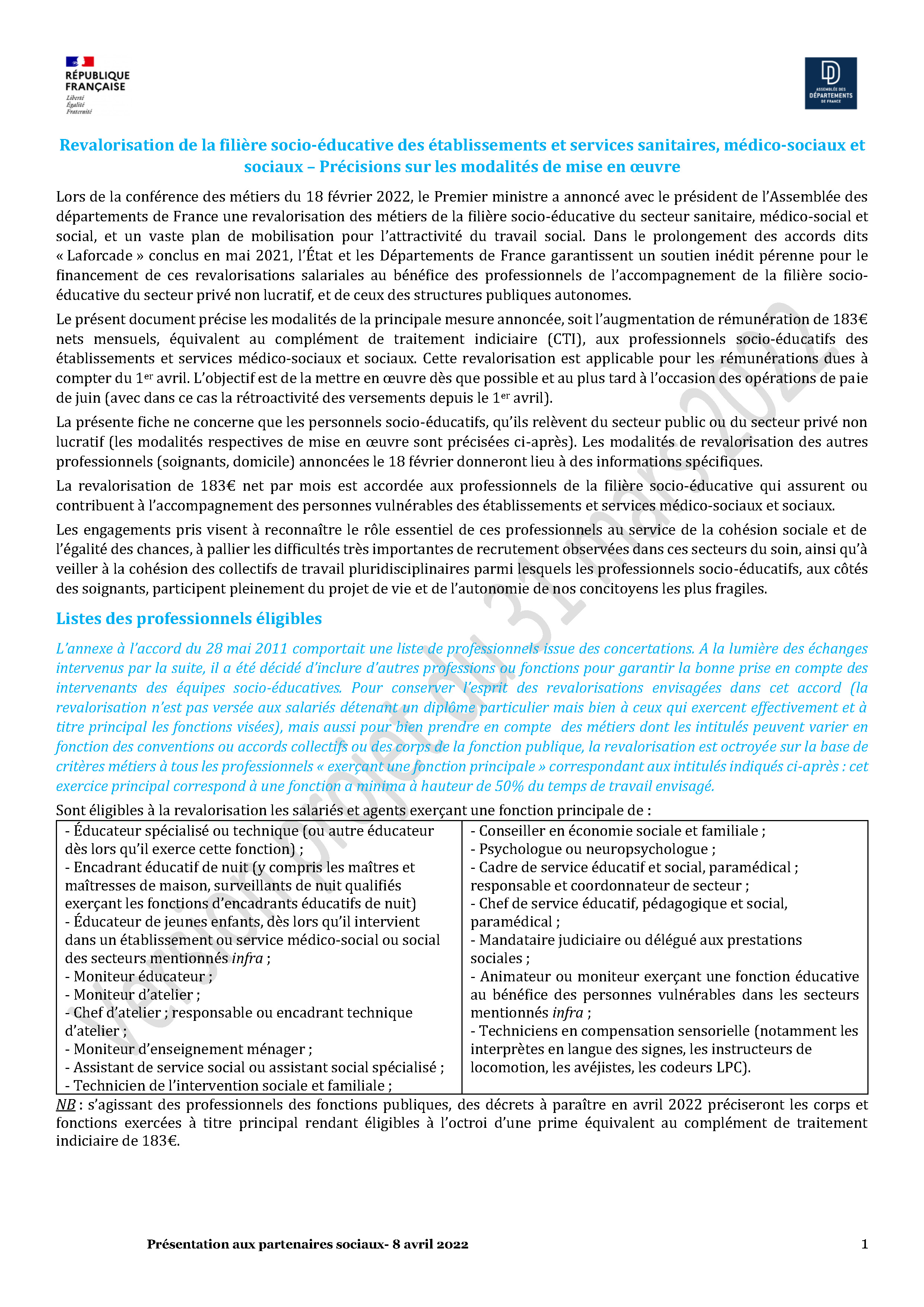 Parution d'un document relatif à la revalorisation de la filière socio-éducative des établissements et services sanitaires, médico-sociaux et sociaux