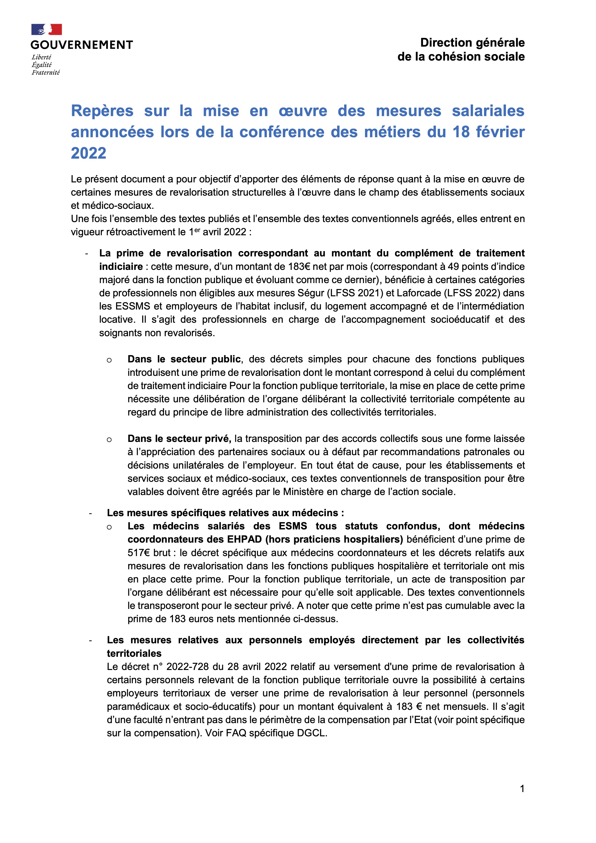 Direction générale de la cohésion sociale - Repères sur la mise en œuvre des mesures salariales annoncées lors de la conférence des métiers du 18 février 2022