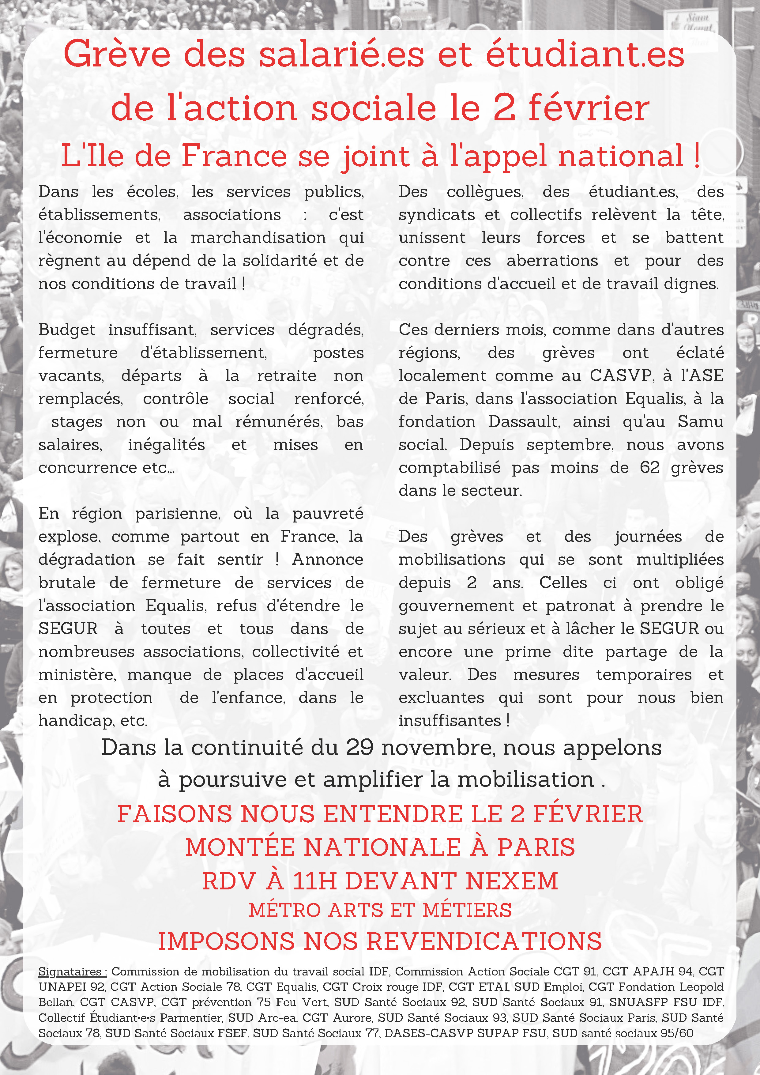 Grève des salarié·es et étudiant·es de l'action sociale le 2 février : L'Île-de-France se joint à l'appel national !
