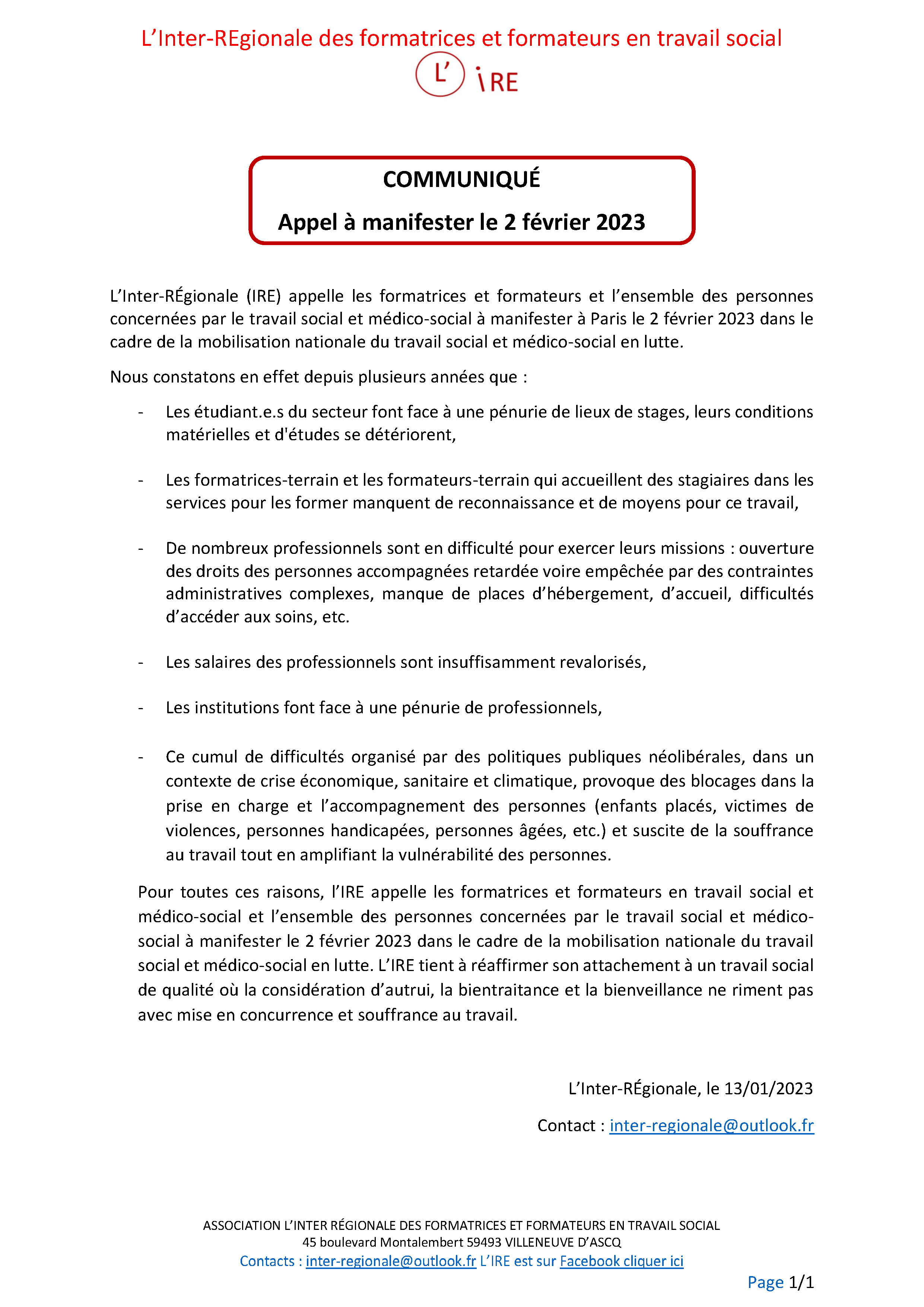 L’Inter-REgionale des formatrices et formateurs en travail social - Appel à manifester le 2 février 2023