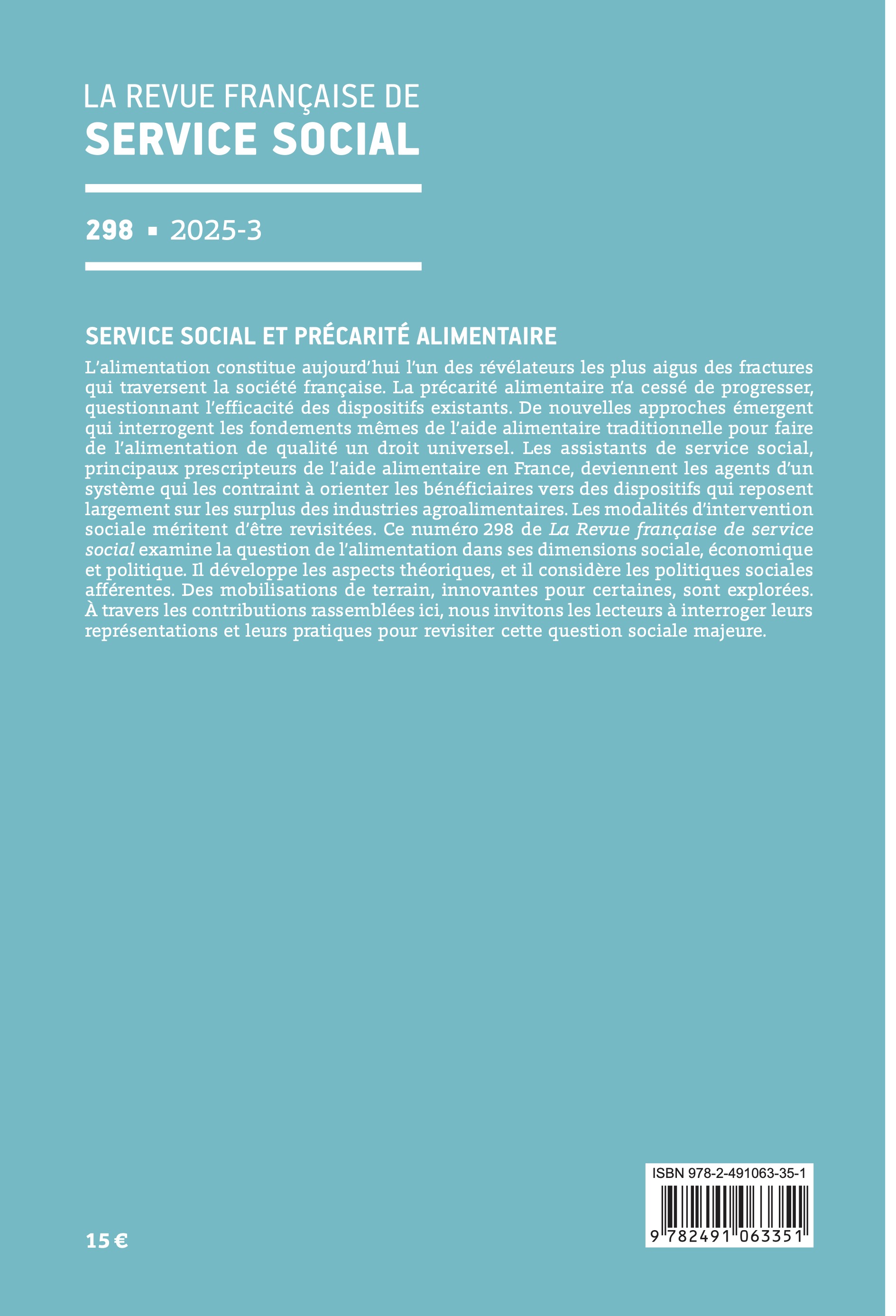 RFSS N°298 : « Service social et précarité alimentaire » RFSS N°298 : « Service social et précarité alimentaire »