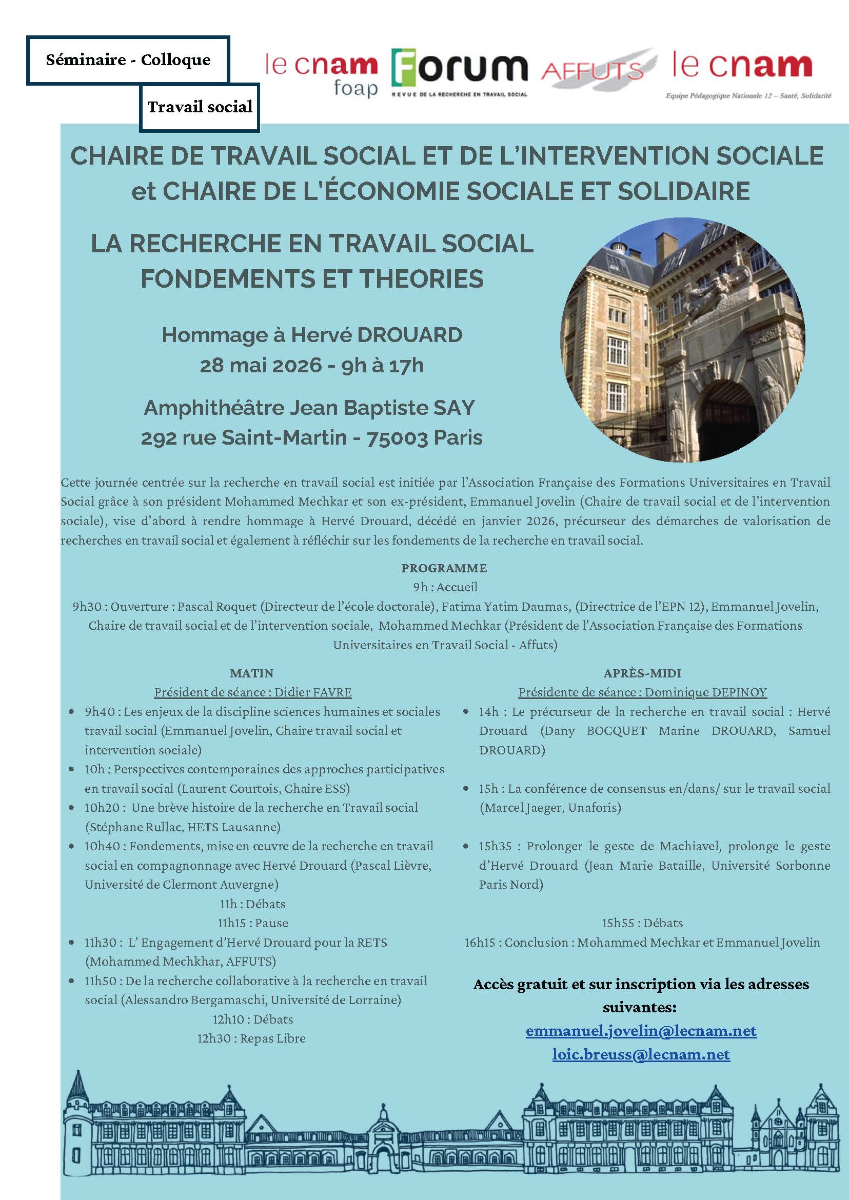 Hommage à Hervé DROUARD 28 mai 2026 - 9h à 17h - La recherche en travail social, fondements et théories