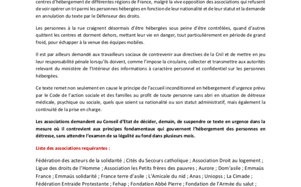 Communiqué commun : Recours des associations contre la circulaire du 12 décembre : audience du Conseil d’Etat demain à 15h