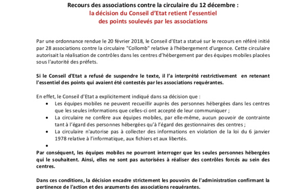 Communiqué commun : Recours des associations contre la circulaire du 12 décembre : la décision du Conseil d’Etat retient l’essentiel des points soulevés par les associations