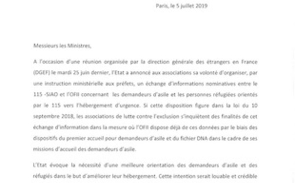 Lettre aux ministres de l’intérieur et du logement sur le projet de transmission d’informations nominatives entre le 115-SIAO et l’OFII